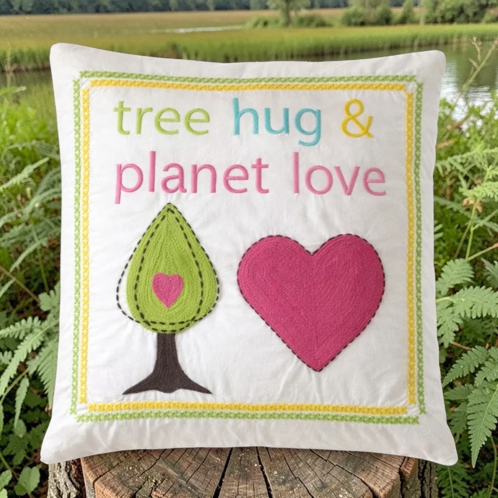 Pottery Barn Teen Tree Hug Planet Love Pillow Cover Organic Cotton Embroidered‎